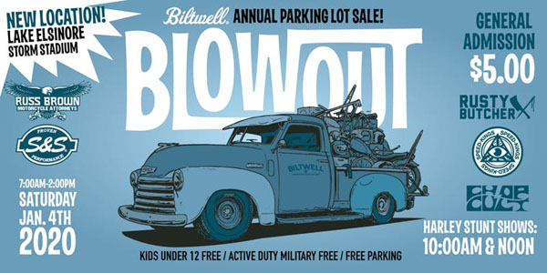 The Biltwell 2020 Blowout Parking Lot Motorcycle Parts Sale Event in Lake Elsinore California January 4, 2020. Every year we have left over samples, scratch-and-dent helmets, returned merchandise and ever-growing piles of our own motorcycle parts and take-offs. The Blowout is like our pop-up outlet store where we discount deep to move the metal. We’ll also have some cool motorcycles and cars on display along with several food and coffee vendors.