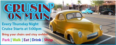 Cruisin' On Main Weekly Hot Rod Car Cruise Every Thursday Night Downtown in Lake Havasu City, it's always a popular & fun evening in the weekday